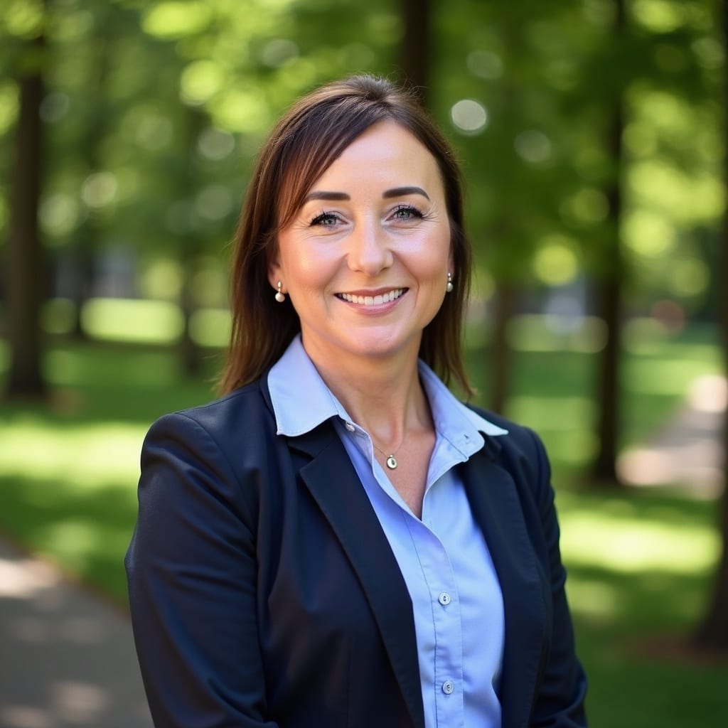 Businesswoman standing outdoors with a pleasant smile, wearing a dark blazer and light blue shirt, with green trees and a sunlit path in the background
