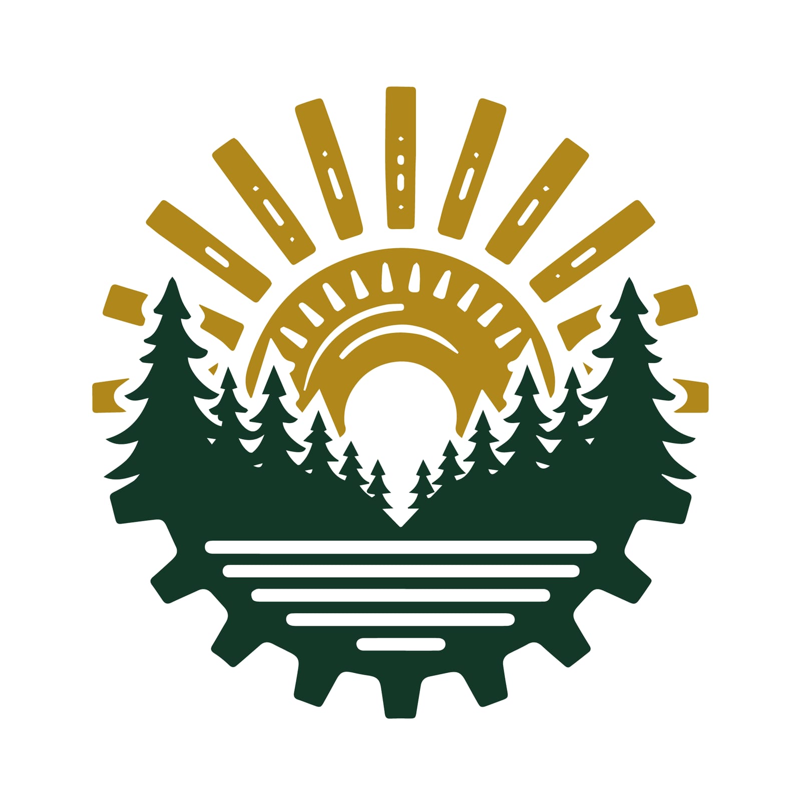 Logo featuring a sun rising over pine trees and a gear, symbolizing economic growth and natural beauty in Oneida County, Wisconsin