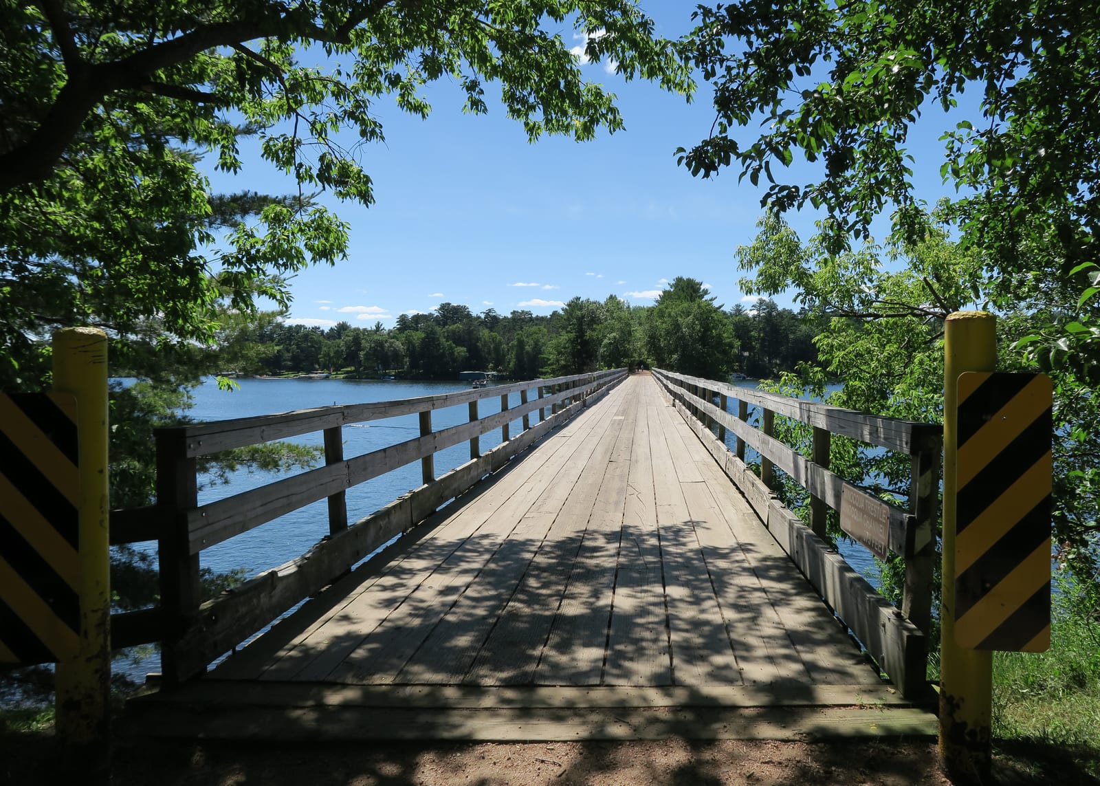 Wooden boardwalk amidst lush greenery and calm lake under a clear blue sky