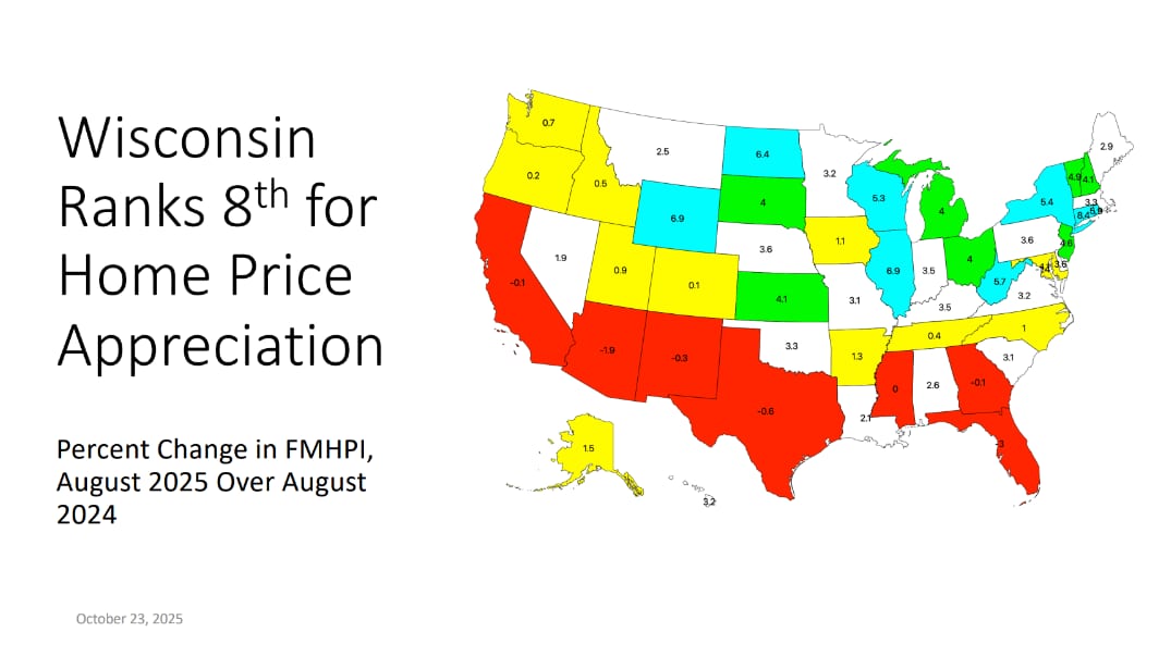 Map of the United States showing housing price appreciation rates by state for 2025, with Wisconsin highlighted and labeled 4th for home price appreciation.