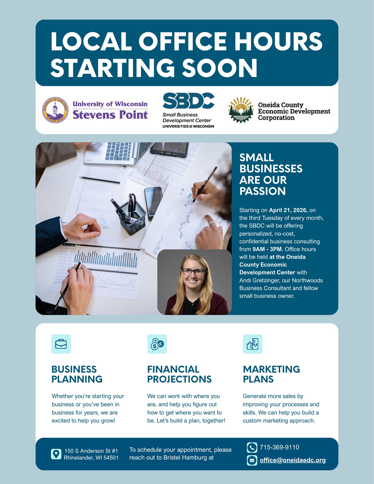 Flyer for the Oneida County Economic Development Corporation's new office hours, featuring information about small business resources, planning sessions, and contact details.