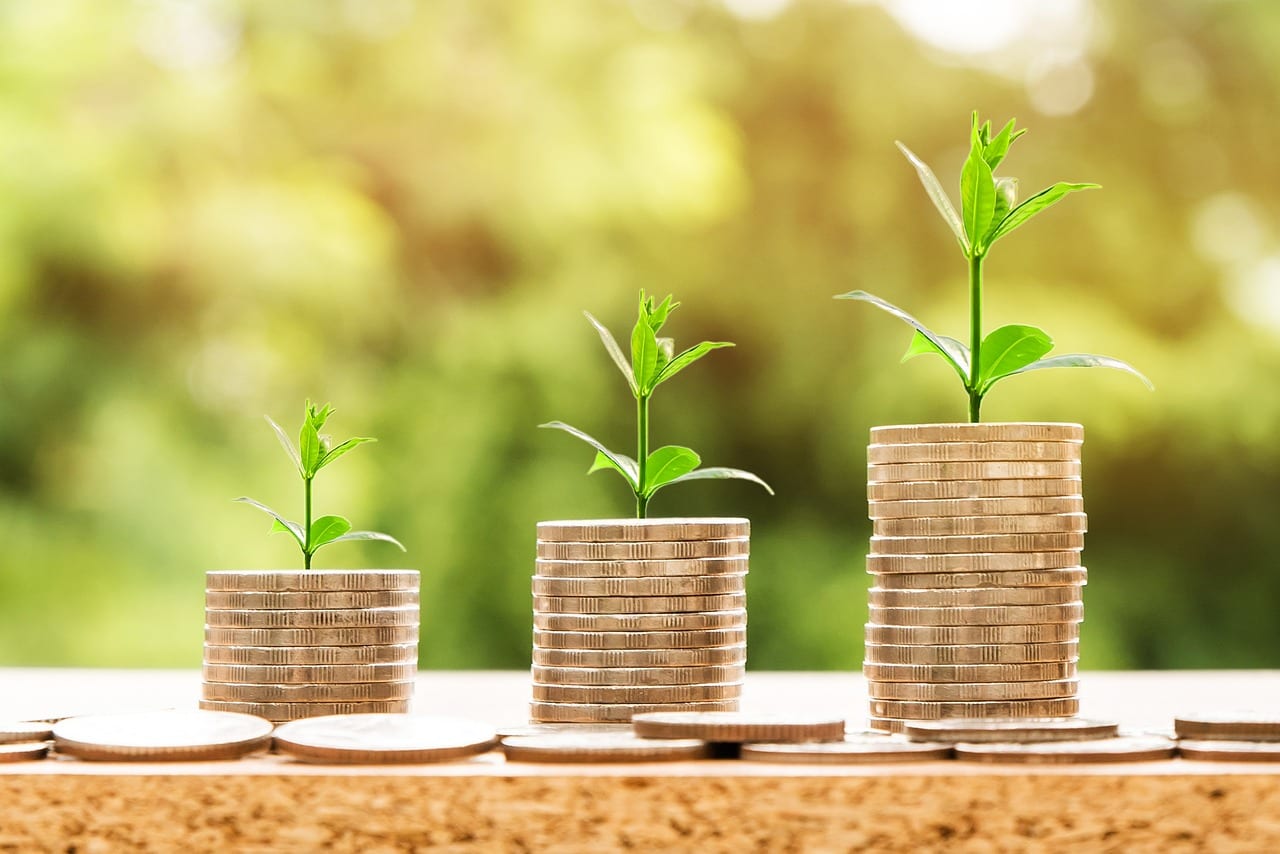 Stacks of coins with green seedlings growing on top against a blurred natural background