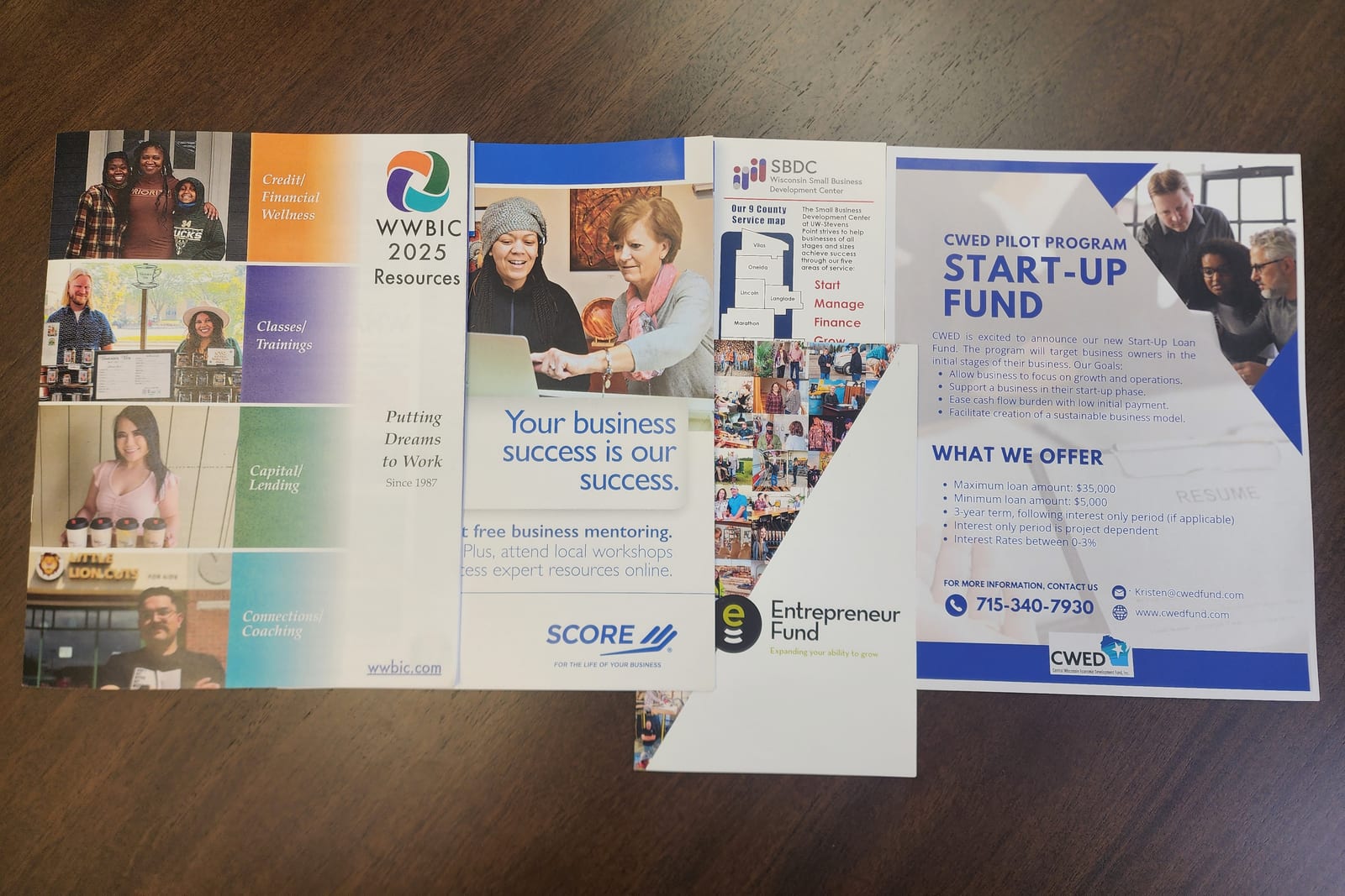 Assortment of brochures and informational materials for entrepreneur resources and start-up funding